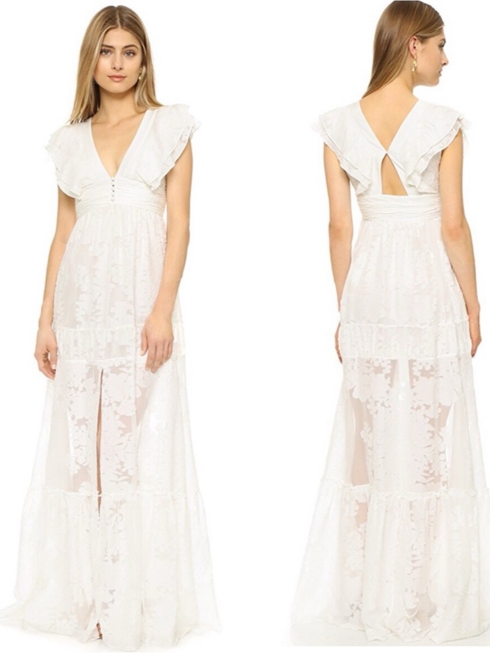 Rachel Zoe Violet in Ecru Floral Ruffled Fil Coupé Cotton & Silk Blend Gown- 4
